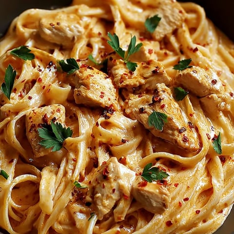 A bowl of pasta with chicken and peppers.
