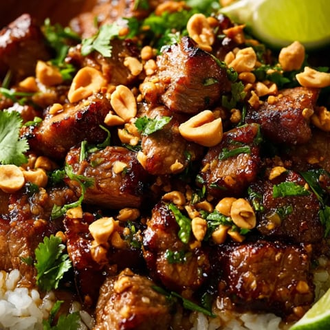 A plate loaded with pork, peanuts, and rice.