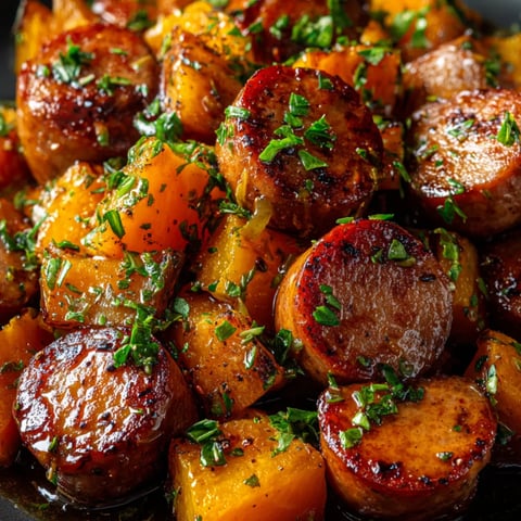 A plate piled with sausage slices and sweet potatoes.