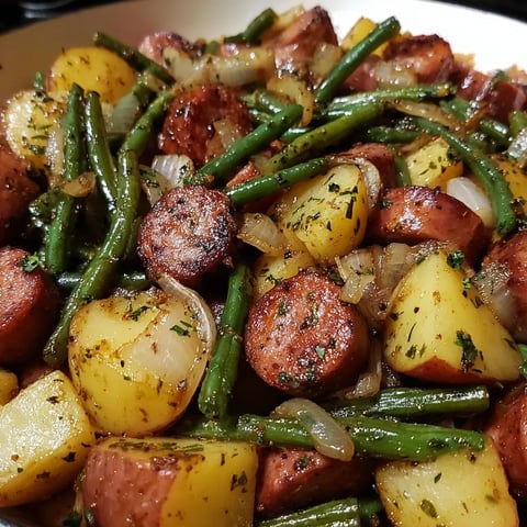 A bowl of food packed with sausage and green beans.