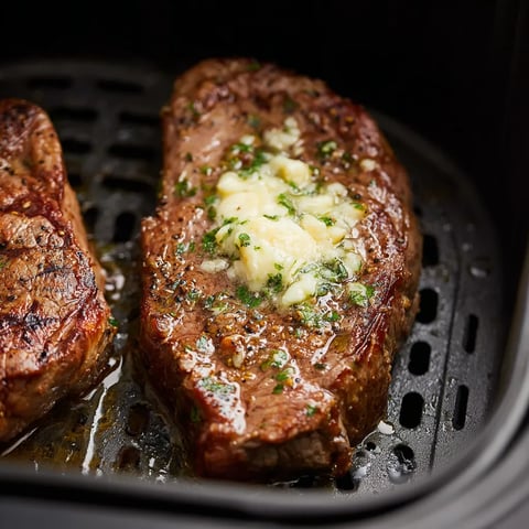 Two steaks sizzling on a grill surface.
