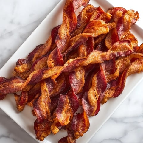 Bacon sitting on a white plate.