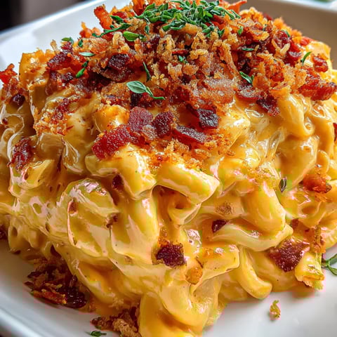 Dinner plate loaded with bacon and cheese on pasta.
