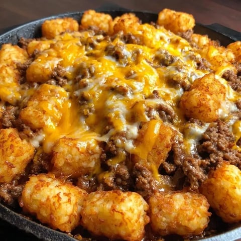 A skillet packed with beef, sauce, and rows of crispy tater tots.