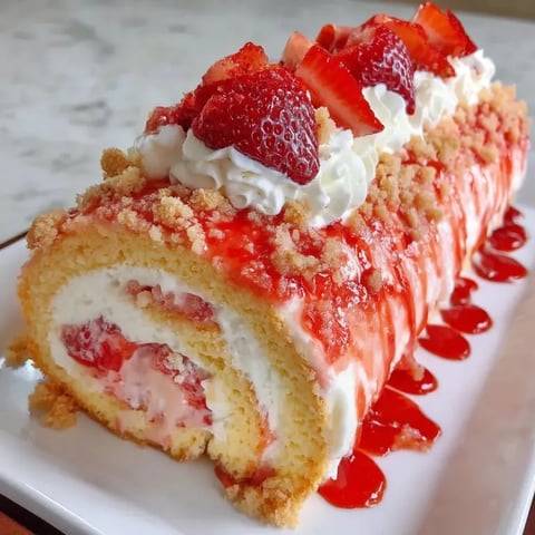 Cake piled with fresh strawberries and fluffy whipped cream.