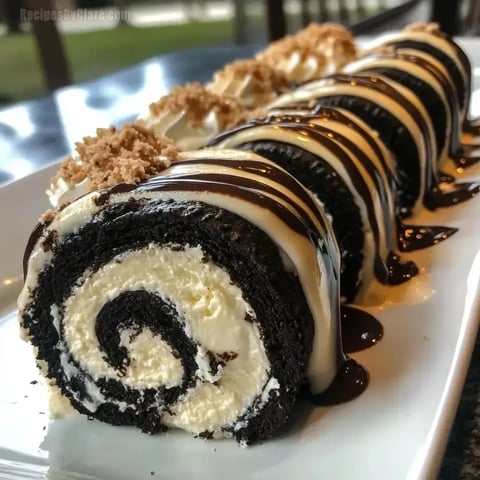 Dessert plate holding slices of chocolate cake roll swirled with cream.
