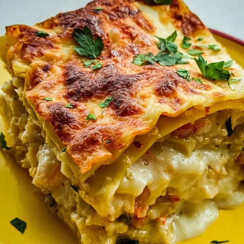 Stack of lasagna slices on a plate.