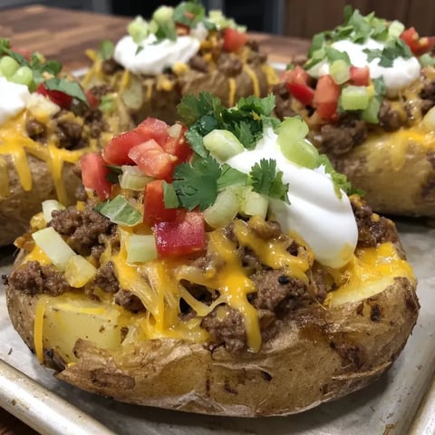Two baked potatoes topped with cheese and sour cream.