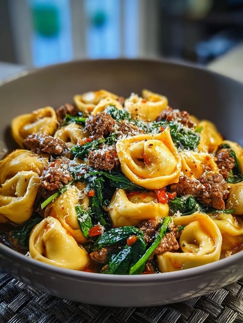 A bowl of pasta with meat and vegetables.