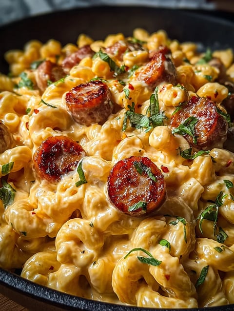 Macaroni and cheese bowl topped with sausage.