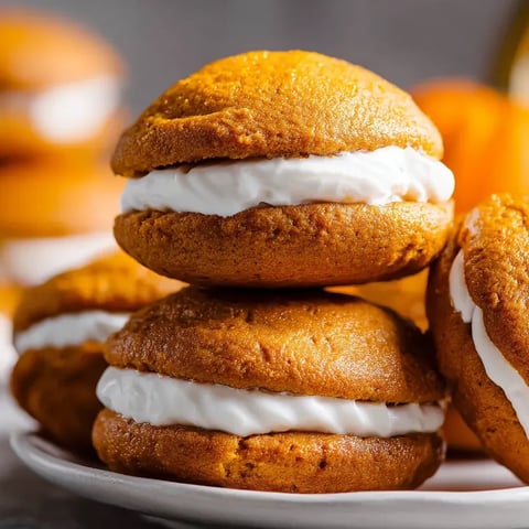 Pumpkin whoopie pies on a plate.