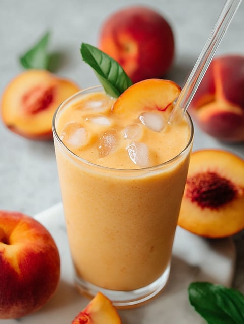 A glass of peach smoothie with ice and a sprig of mint.