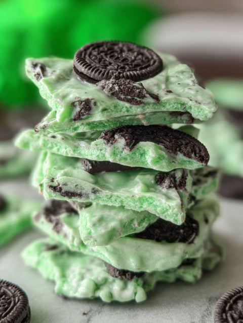 A stack of mint and chocolate Oreo bark.