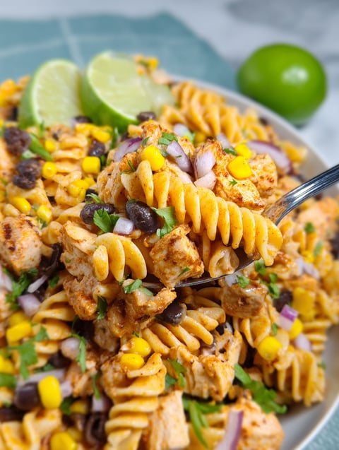 A plate of pasta salad with chicken and lime.