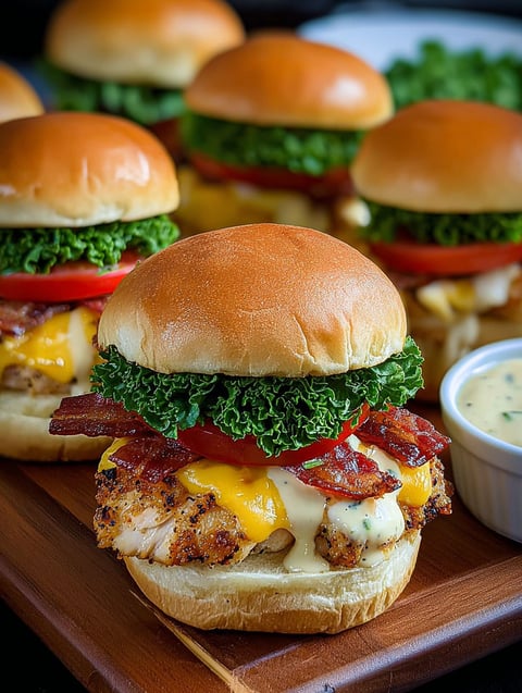 A plate of chicken sliders with lettuce and tomato.