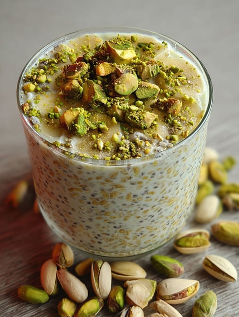 A glass of pistachio overnight oats with nuts on the side.