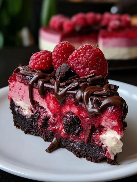 A slice of dark chocolate raspberry cheesecake.