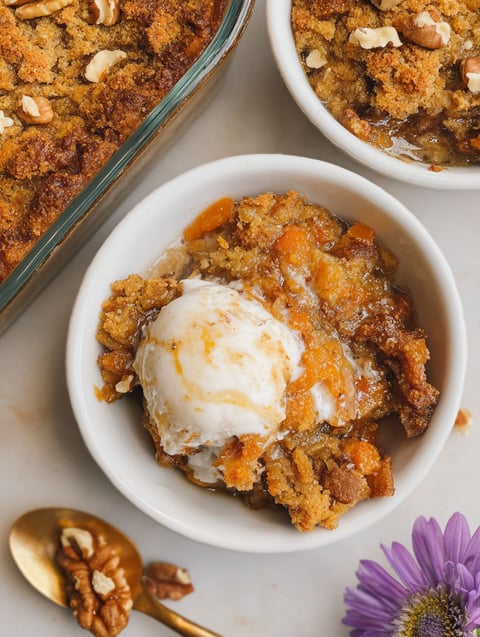 A bowl of carrot cake cobbler with a scoop of ice cream on top.