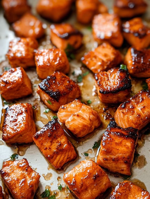 Hot honey salmon bites on a tray.
