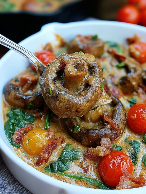 A white bowl filled with Tuscan Butter Mushrooms.