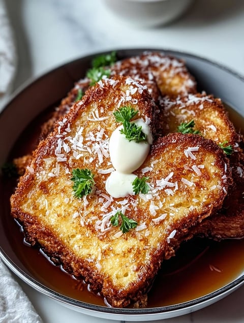 A plate of French toast with coconut on top.