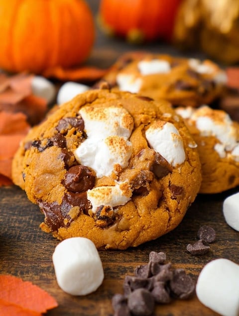A close up of a pumpkin s'mores cookie.
