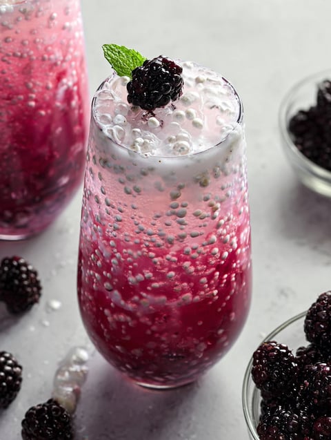 A glass of low-carb creamy blackberry Italian soda.
