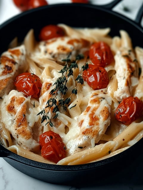 A dish of chicken, mozzarella, and pasta.