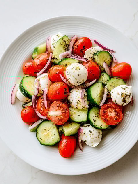 A white plate with a salad of cucumber, tomato, onion, and cheese.