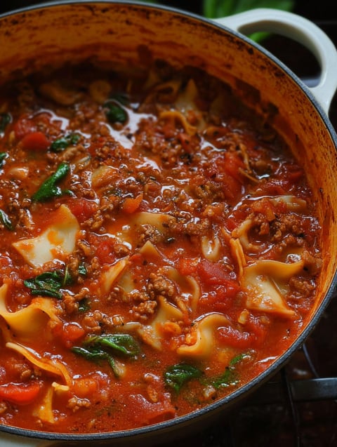 A close up of a pot of lasagna soup.