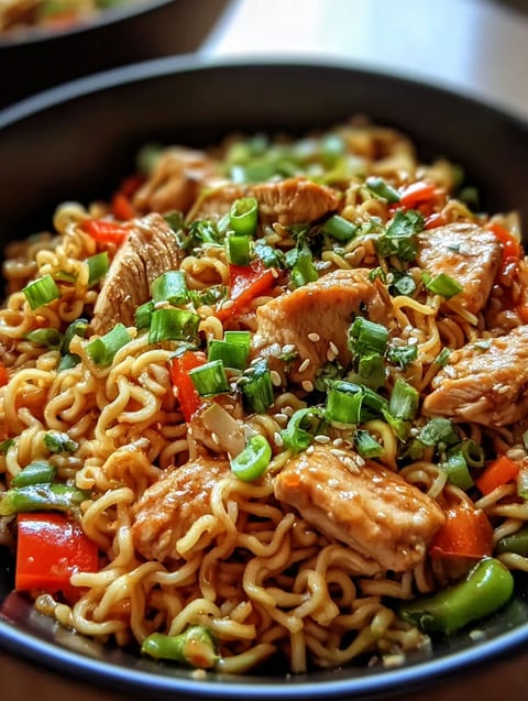 A bowl of chicken stir fry with noodles.