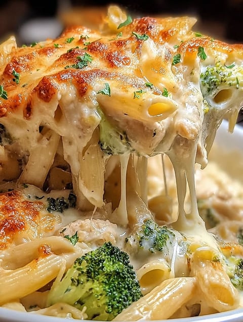 A close up of a chicken and broccoli Alfredo bake.