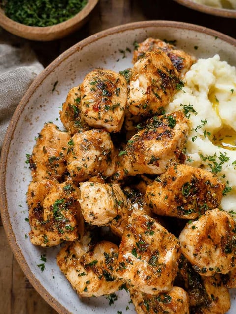 A plate of chicken bites with herbs on top.