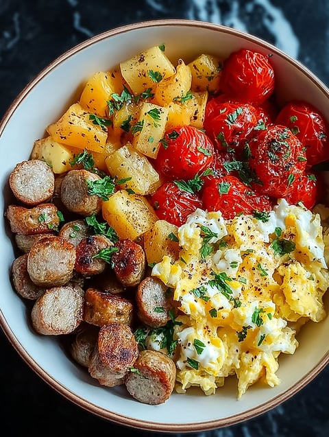 A bowl of food with sausage, tomatoes, and potatoes.