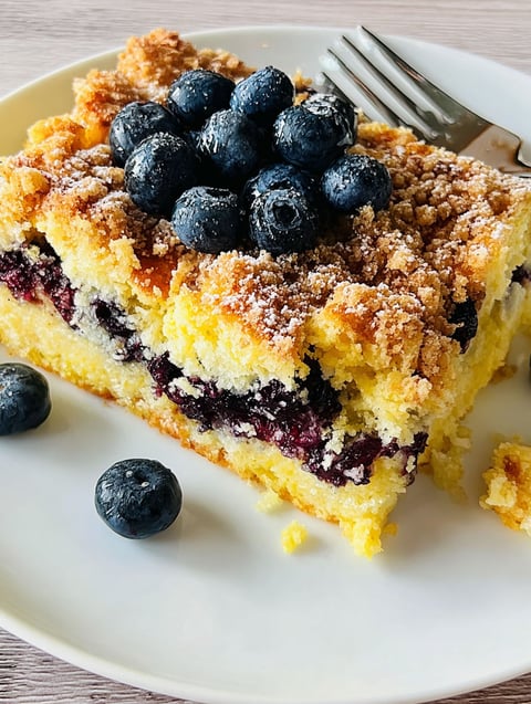 A slice of blueberry pancake casserole.