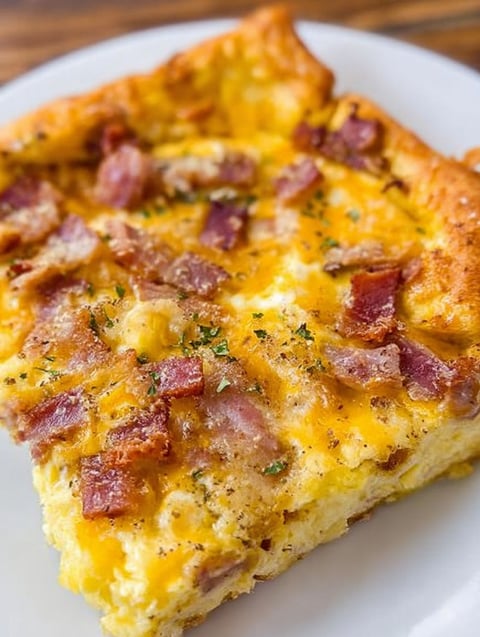 A slice of a breakfast casserole with bacon and cheese.