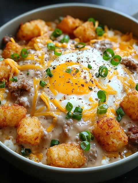A bowl of tater tots with sausage gravy.