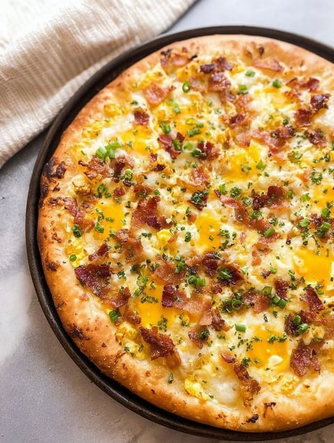 A breakfast pizza with bacon and cheese.
