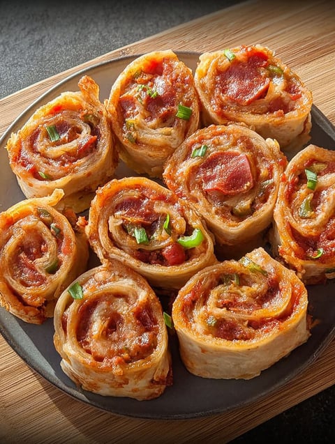 A plate of tortilla pizza rolls.