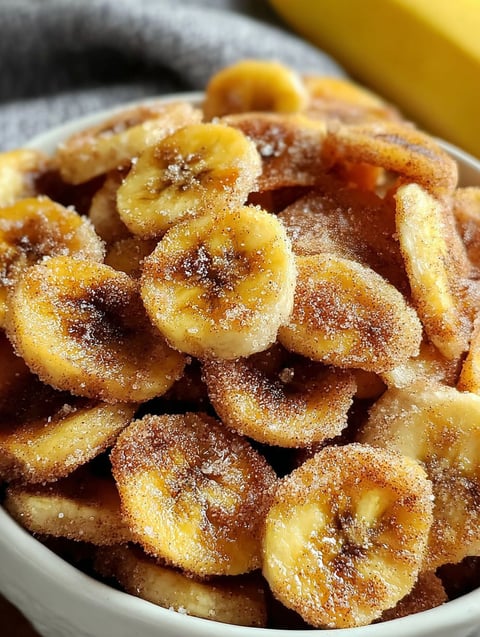 A bowl of cinnamon sugar air fryer banana chips.