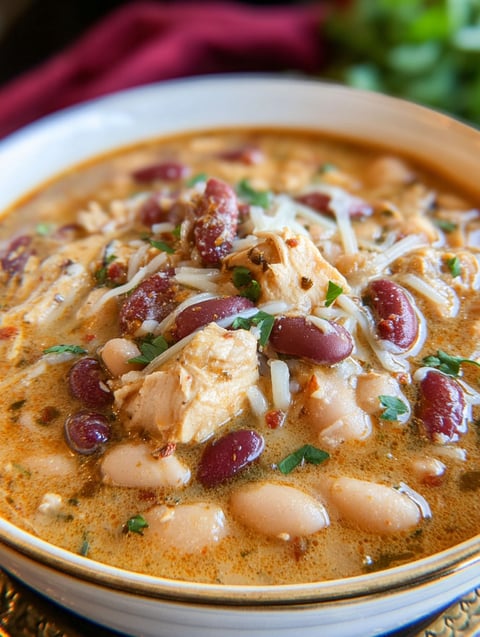 A bowl of Cajun White Chicken Chili.