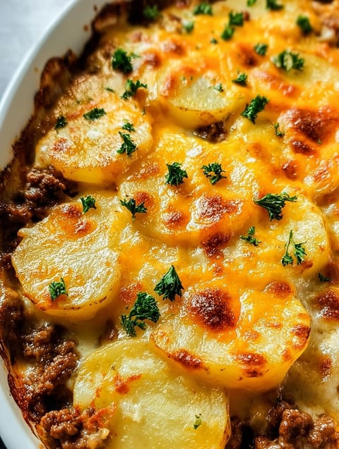 A delicious hobo casserole with ground beef and potatoes.
