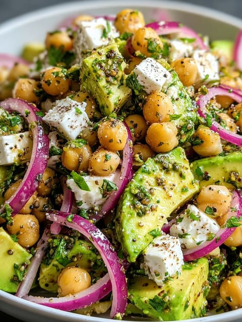 A salad with chickpeas, feta cheese, and avocado.