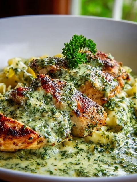 A plate of creamy pesto chicken with a green garnish.
