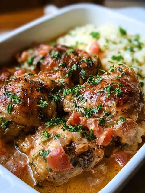 A plate of Italian crockpot chicken thighs.