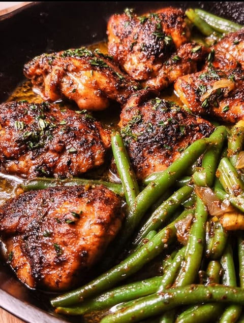 Chicken thighs with green beans.