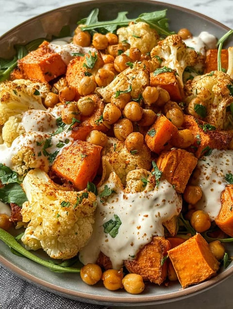 A glow bowl with roasted vegetables and tahini yogurt sauce.