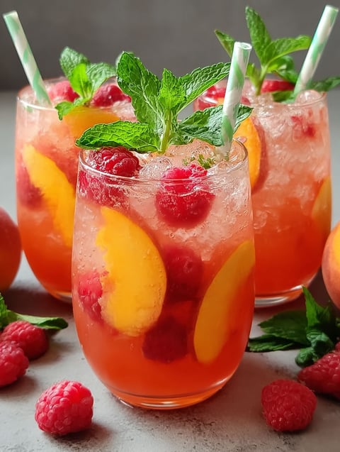 A glass of raspberry peach lemonade with a green straw.