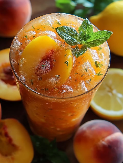 A glass of frozen peach lemonade.