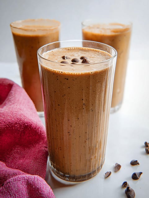A glass of creamy chocolate smoothie.
